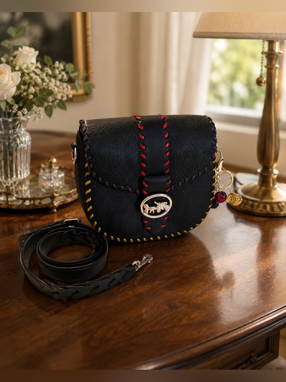 Coach Black Leather Saddle Crossbody with Red, Purple and Yellow Stitching😍😍😍😍😍😍